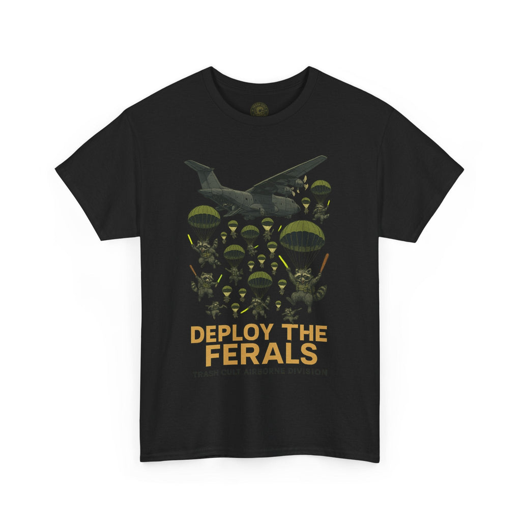 Deploy the Ferals T-Shirt – Airborne Raccoon Drop Graphic | Trash Cult Supply Co. | Gildan 5000 Heavy Cotton Tee