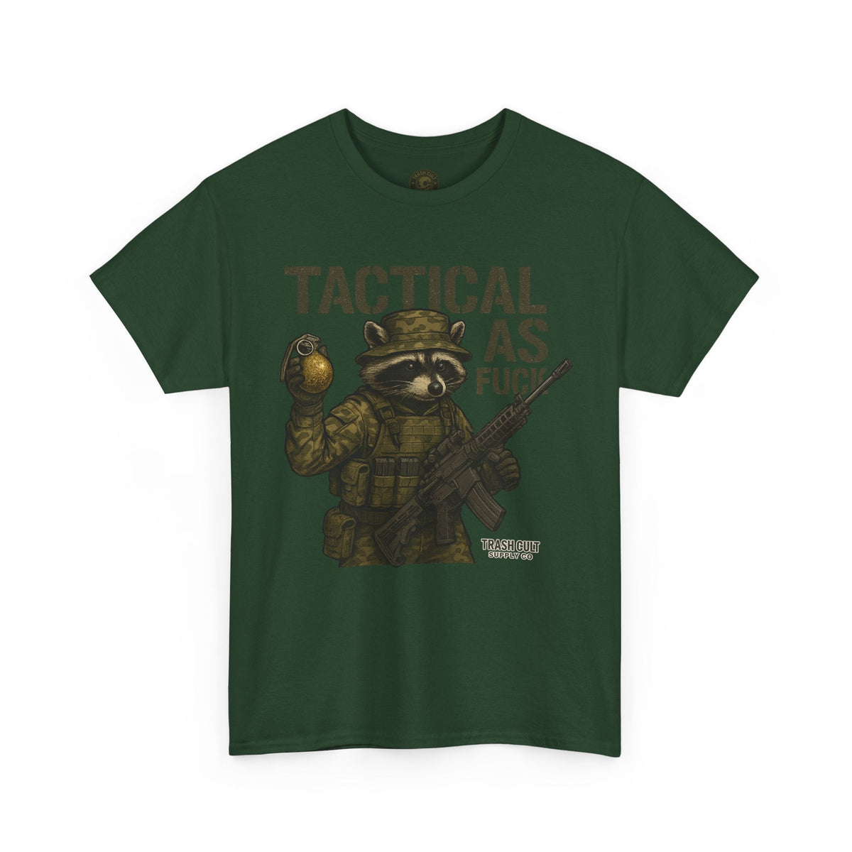 Tactical As F*** T-Shirt – Armed Raccoon Military Humor Tee | Trash Cult Supply Co. | Gildan 5000 Heavy Cotton