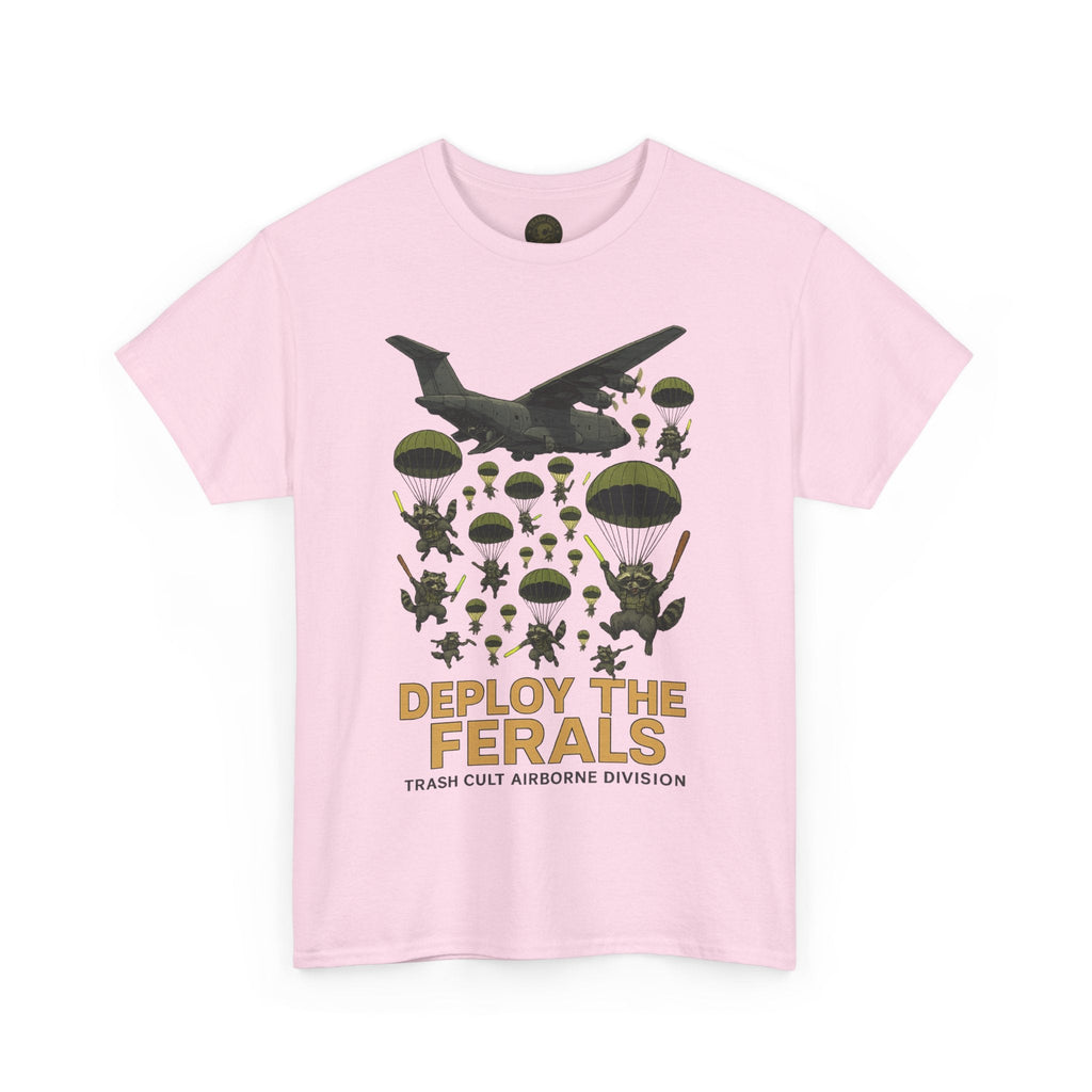 Deploy the Ferals T-Shirt – Airborne Raccoon Drop Graphic | Trash Cult Supply Co. | Gildan 5000 Heavy Cotton Tee