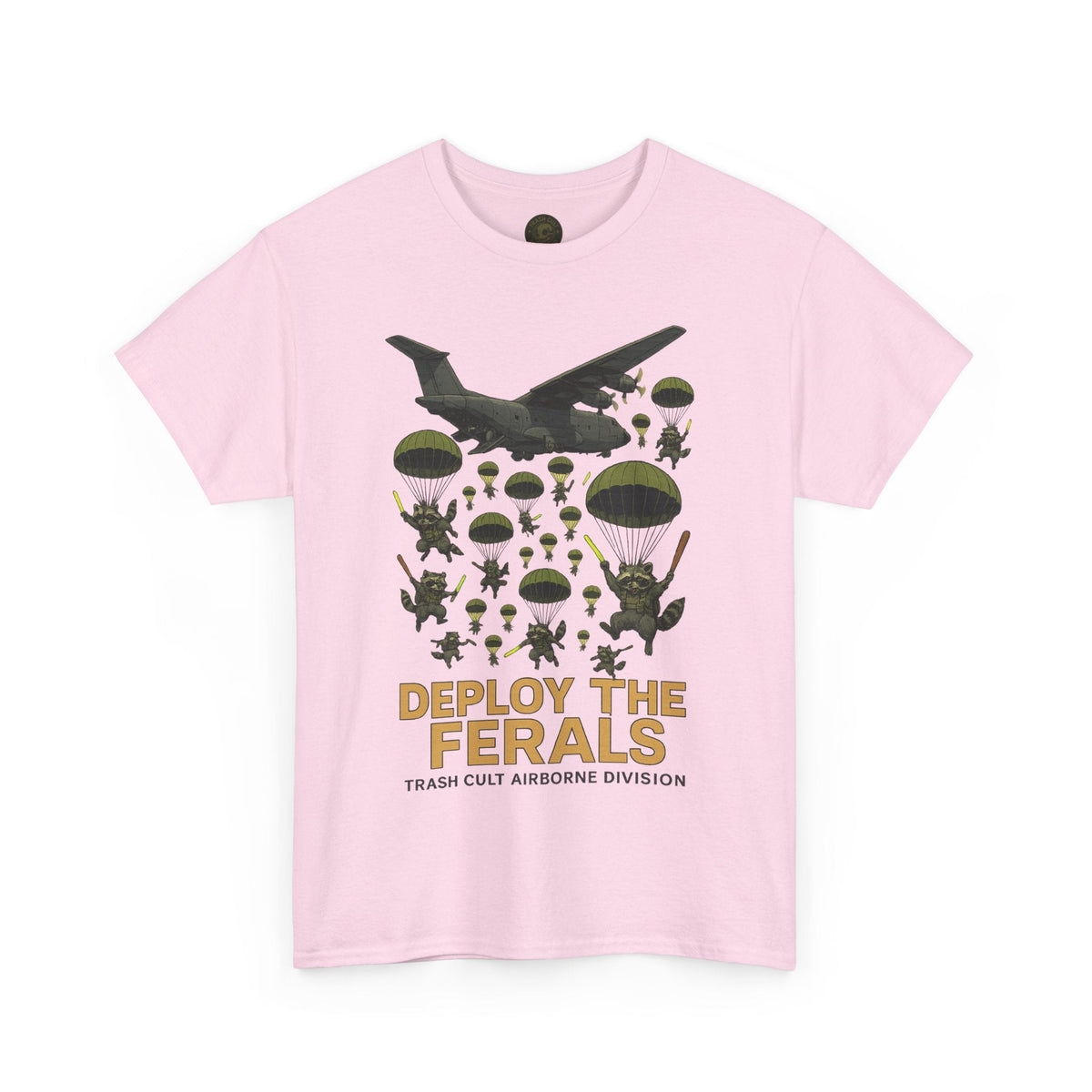 Deploy the Ferals T-Shirt – Airborne Raccoon Drop Graphic | Trash Cult Supply Co. | Gildan 5000 Heavy Cotton Tee