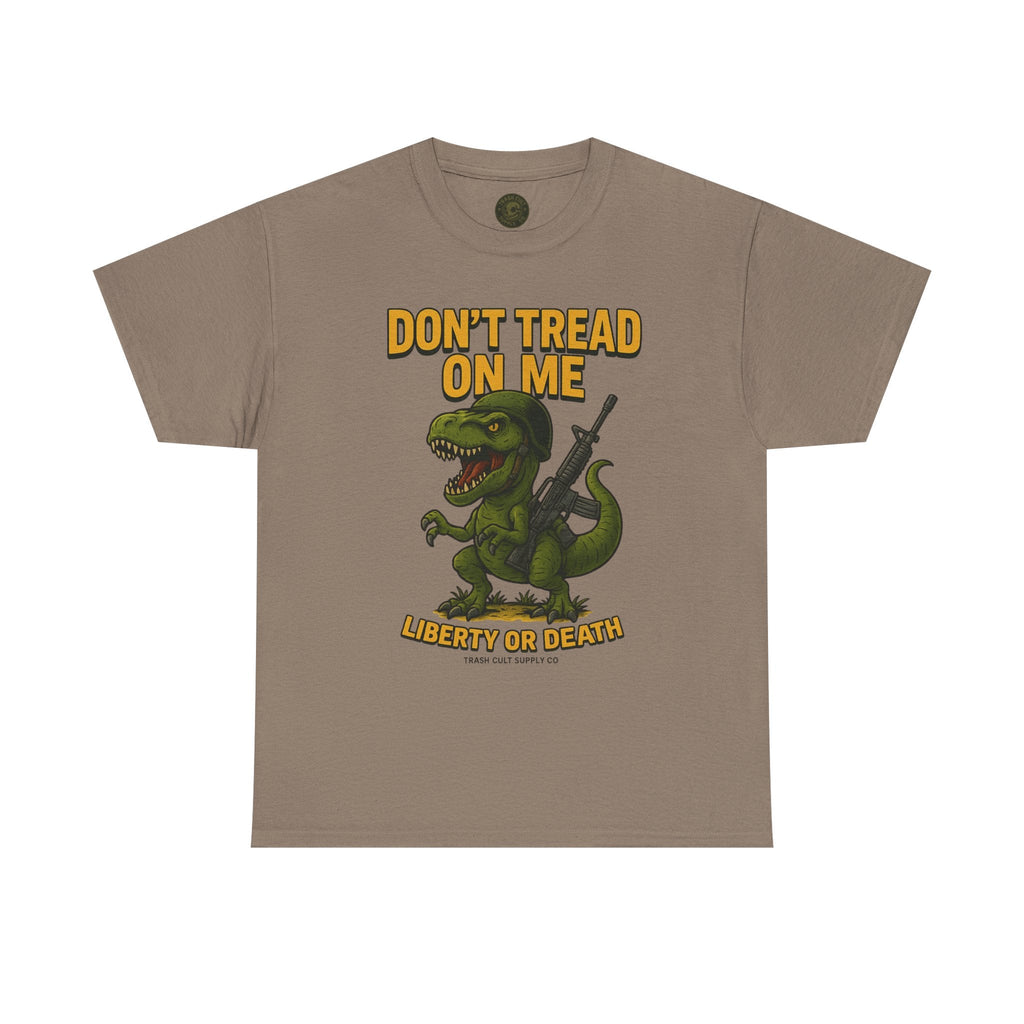 Don’t Tread On Me T-Rex T-Shirt – Liberty or Death Graphic | Trash Cult Supply Co. | Gildan 5000 Heavy Cotton