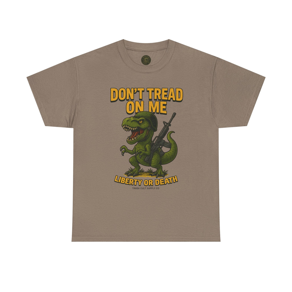 Don’t Tread On Me T-Rex T-Shirt – Liberty or Death Graphic | Trash Cult Supply Co. | Gildan 5000 Heavy Cotton