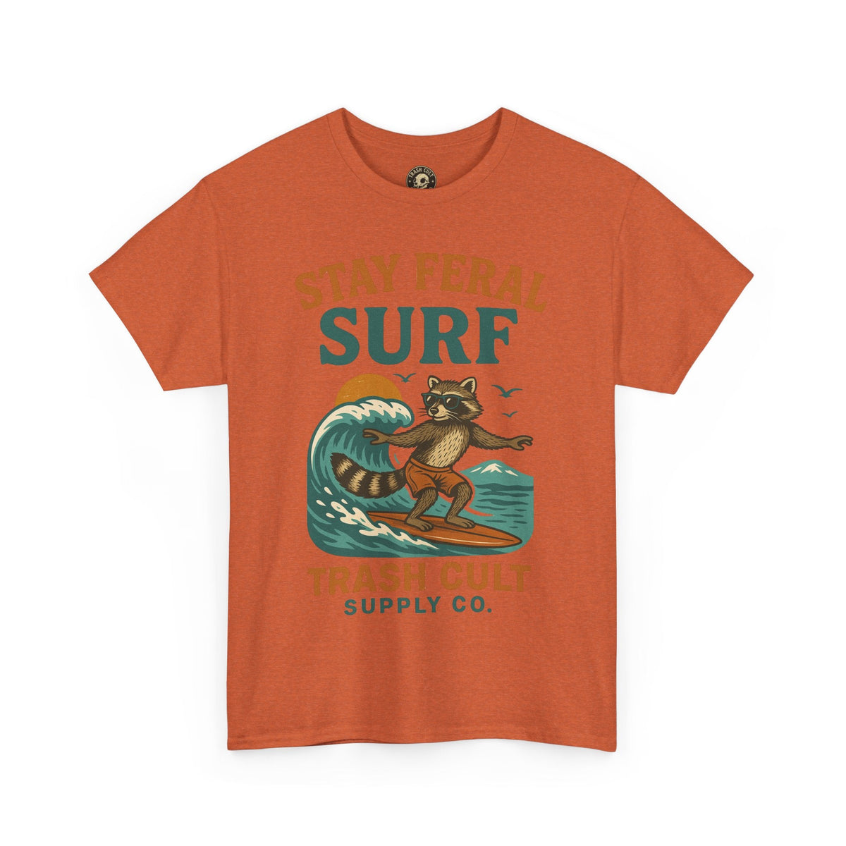 Stay Feral Surf Shirt – Retro Raccoon Beach Tee – Trash Cult Supply Co – Gildan 5000