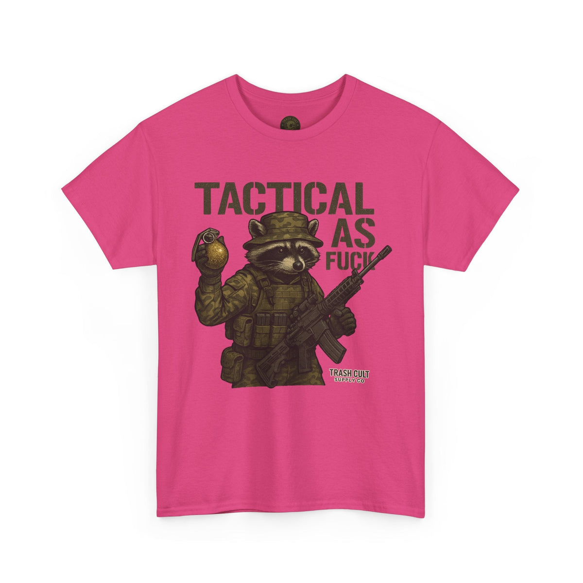Tactical As F*** T-Shirt – Armed Raccoon Military Humor Tee | Trash Cult Supply Co. | Gildan 5000 Heavy Cotton