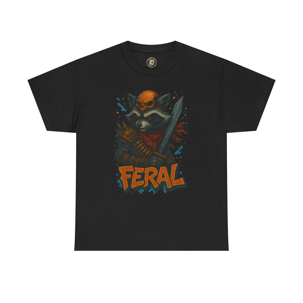 FERAL Raccoon Warlord Shirt – Graffiti Street Art Animal Tee | Bold Post-Apocalyptic Design on Gildan 5000