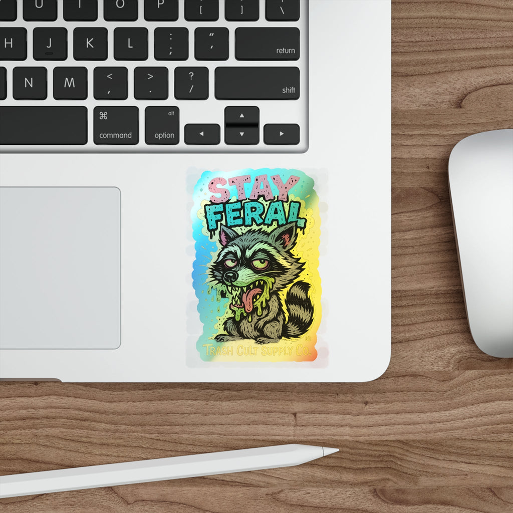 Holographic Die-Cut Stickers - Stay Feral, Fun Decor, Skateboard Accessories, Cool Vibe, Gift for Animal Lovers, Distinctive Art