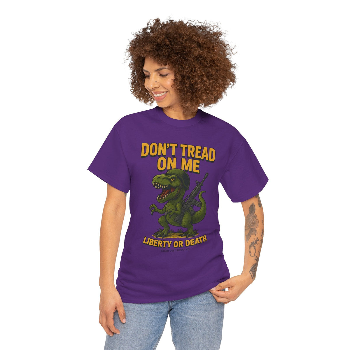 Don’t Tread On Me T-Rex T-Shirt – Liberty or Death Graphic | Trash Cult Supply Co. | Gildan 5000 Heavy Cotton