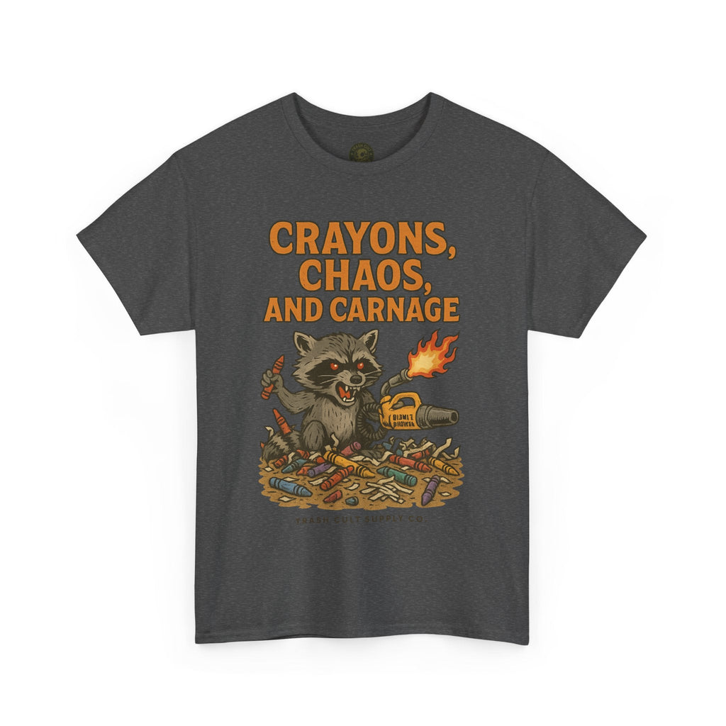 Crayons, Chaos, and Carnage T-Shirt – Dark Humor Raccoon Graphic | Trash Cult Supply Co. | Gildan 5000 Tee