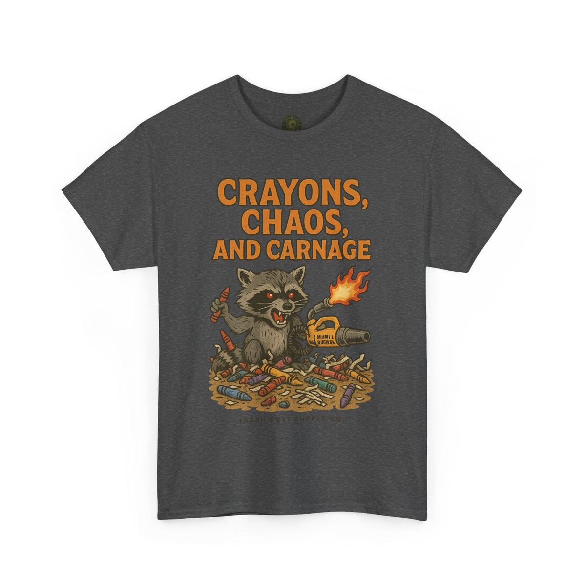 Crayons, Chaos, and Carnage T-Shirt – Dark Humor Raccoon Graphic | Trash Cult Supply Co. | Gildan 5000 Tee