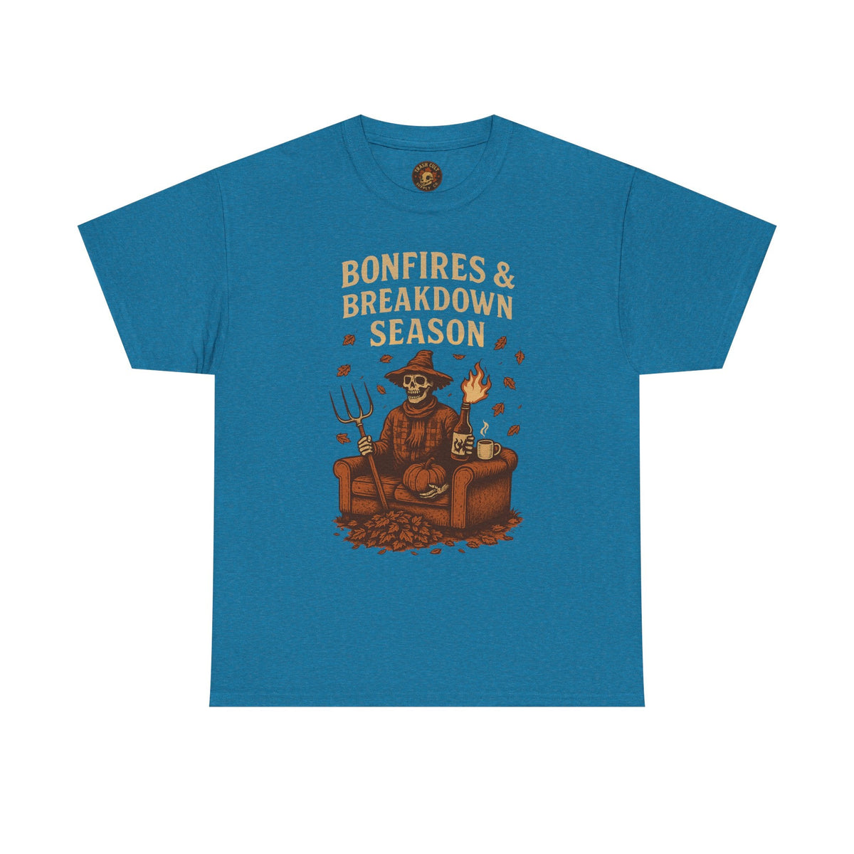 Bonfires & Breakdown Season Shirt – Skeleton Couch Chaos Tee – Fall of Humanity Collection – Trash Cult Supply Co.