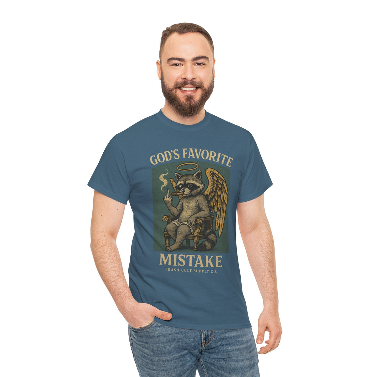 God’s Favorite Mistake Shirt – Raccoon Angel Flipping the Bird by Trash Cult Supply Co.