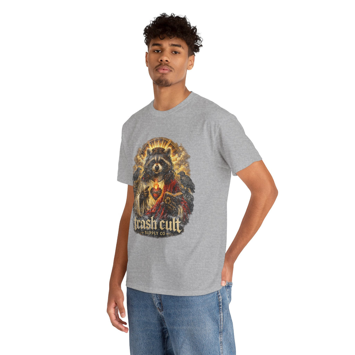 Raccoon Saint Graphic Tee — “Trash Cult” Vintage Devotional Design