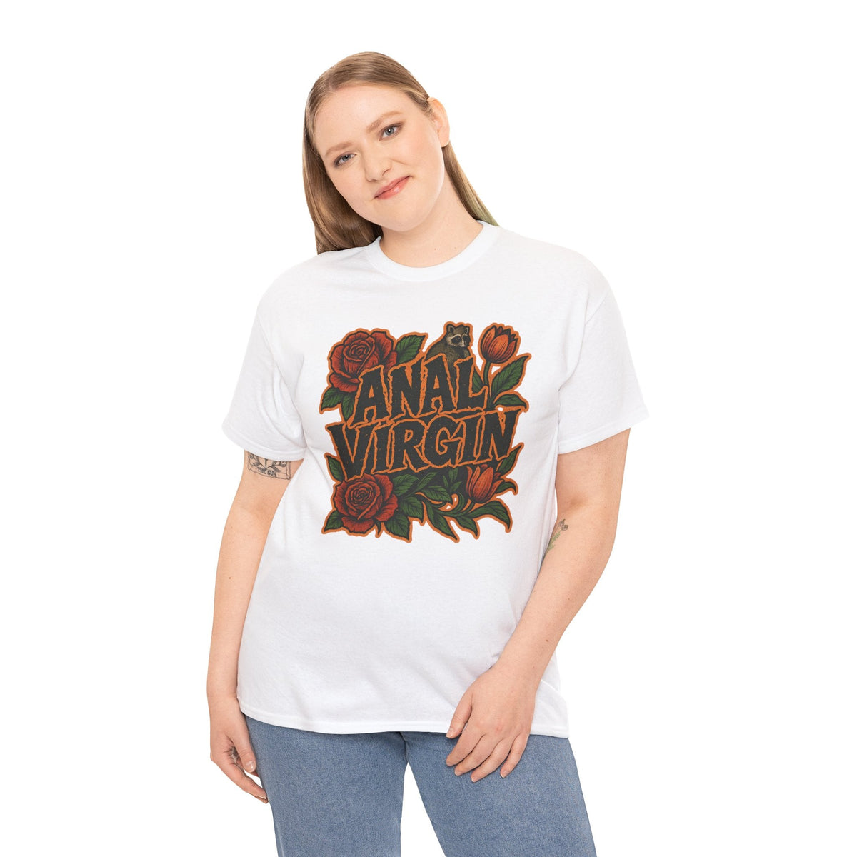 Anal Virgin Bold Floral Trashcore Tee – Funny Raccoon Shirt – Gildan 5000