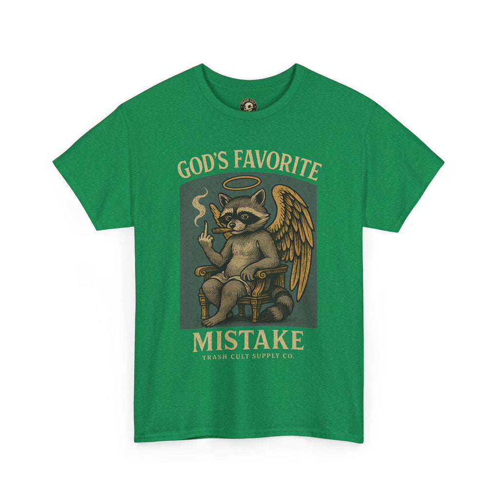 God’s Favorite Mistake Shirt – Raccoon Angel Flipping the Bird by Trash Cult Supply Co.