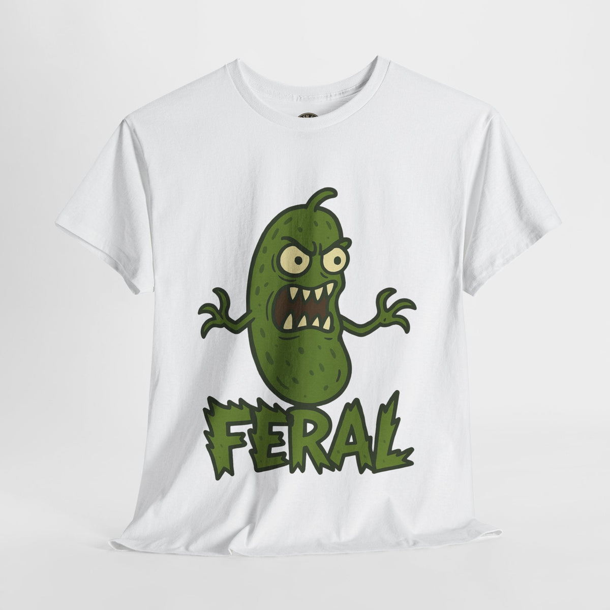 Feral Pickle Cartoon Tee – Trashcore Angry Pickle Shirt – Gildan 5000 Unisex Heavy Cotton