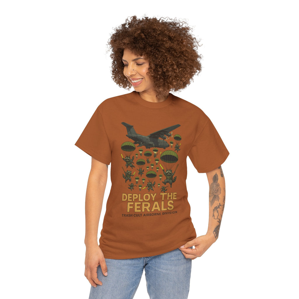 Deploy the Ferals T-Shirt – Airborne Raccoon Drop Graphic | Trash Cult Supply Co. | Gildan 5000 Heavy Cotton Tee
