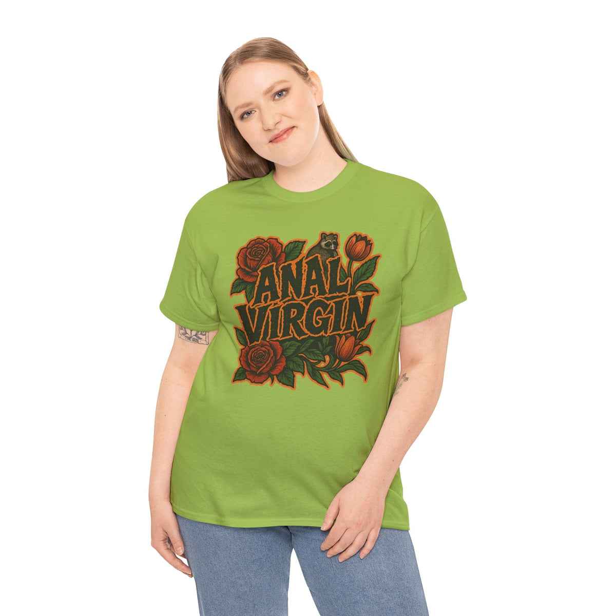 Anal Virgin Bold Floral Trashcore Tee – Funny Raccoon Shirt – Gildan 5000
