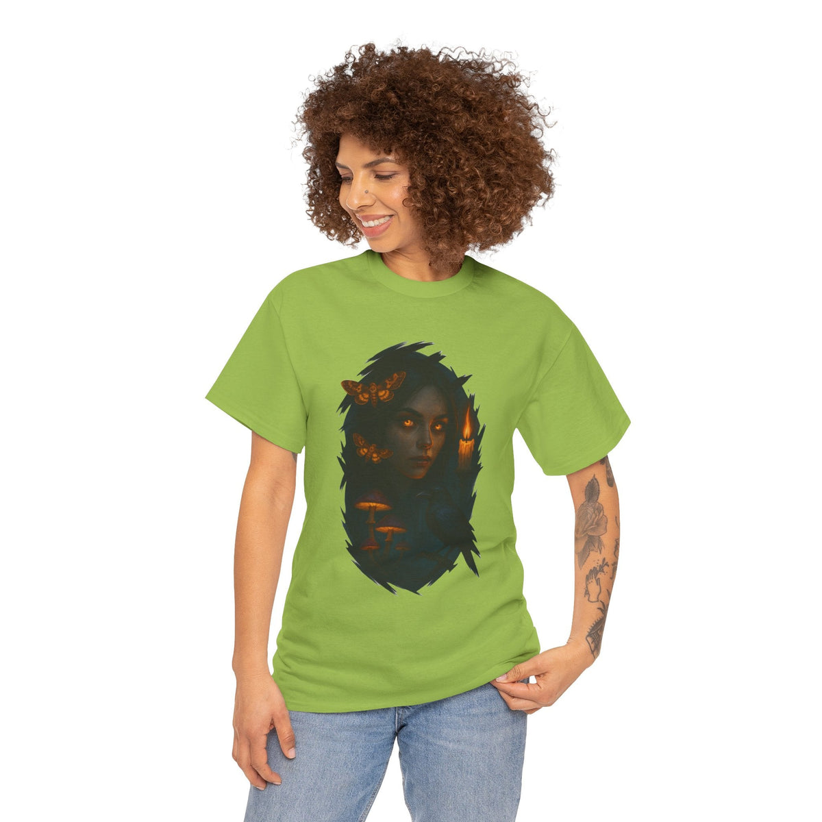 Mystical Night Unisex Heavy Cotton Tee, Witchy Shirt, Halloween Apparel, Fantasy Tee, Gift for Her, Art Graphic Tee