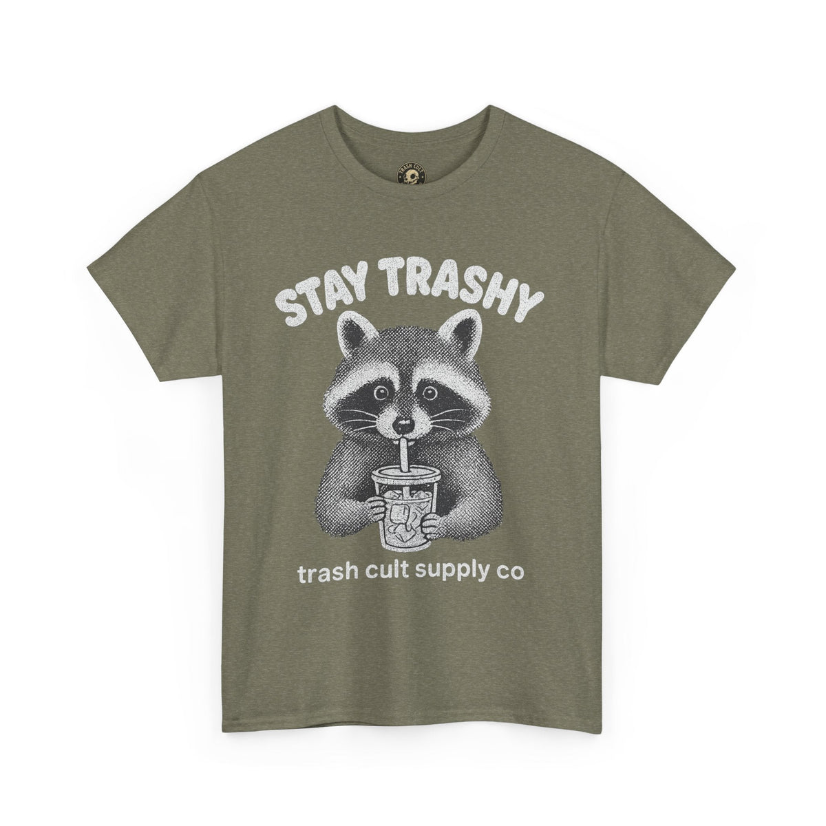 Stay Trashy Raccoon Iced Coffee Shirt – Halftone All White Design | Trash Cult Supply Co.