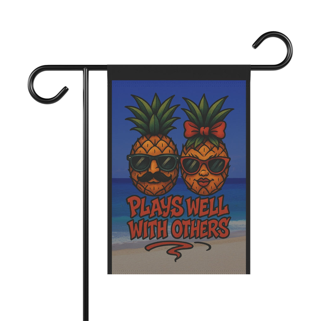 Funny Upside Down Pineapple Garden Flag – “Plays Well With Others” Tropical Banner – New School Tattoo Style