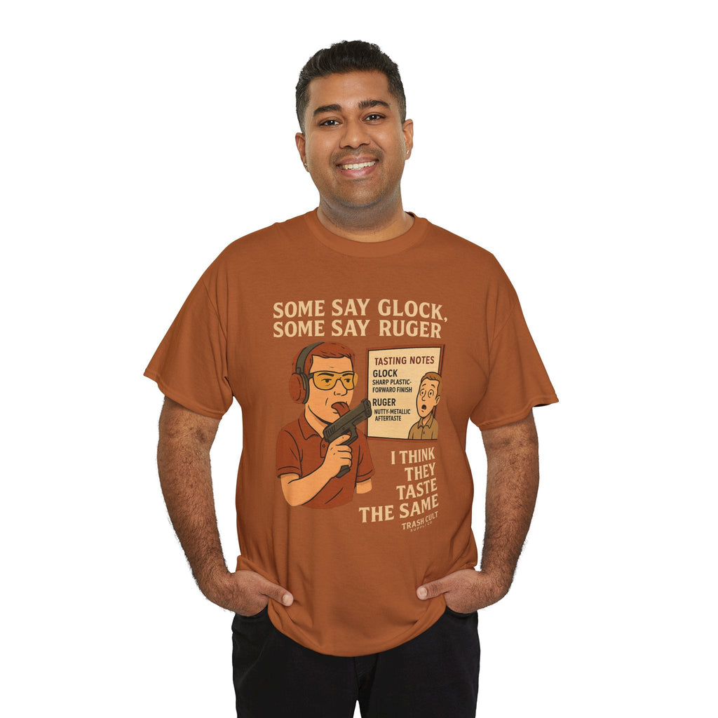 Glock vs Ruger Mouthfeel Shirt – Funny Gun Show Parody Tee | Dark Humor Firearm Tasting Notes Shirt