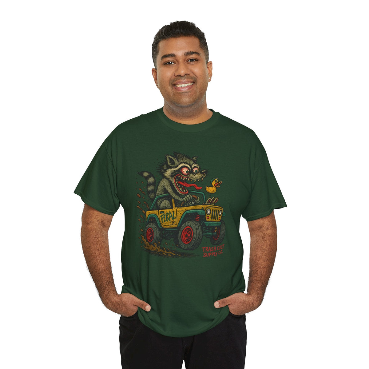 Feral Jeep Raccoon Shirt – Ed Roth Style Off-Road Chaos | Trash Cult Supply Co | Gildan 5000 Tee