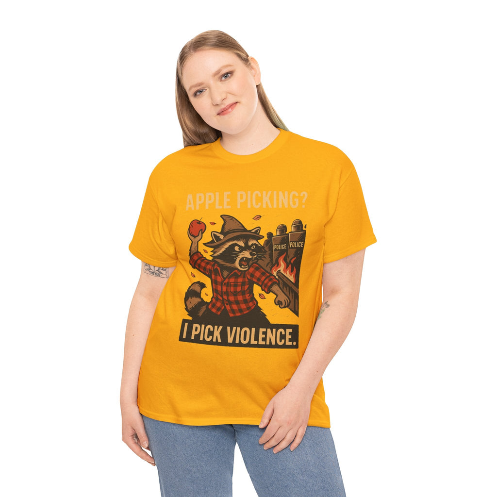 Apple Picking? I Pick Violence Shirt – Angry Raccoon Riot Tee – Fall of Humanity Collection – Trash Cult Supply Co.