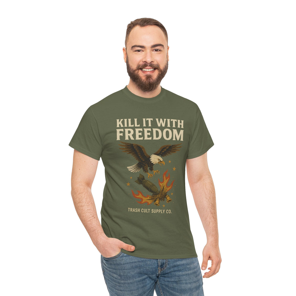Kill It With Freedom T-Shirt – Patriotic Military Graphic | Trash Cult Supply Co. | Gildan 5000 Tee