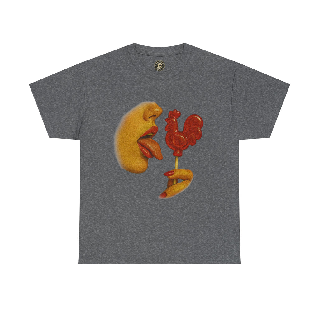 Bold Retro Halftone Tease – Red Rooster Lollipop Graphic Tee