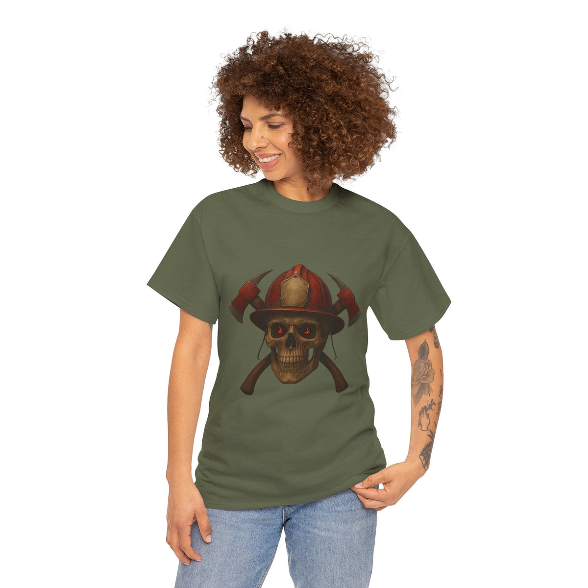 Skull Firefighter Tee, Unisex Heavy Cotton Shirt, Firefighter Gift, Halloween Costume T-Shirt, Unique Graphic Tee, Casual Wear