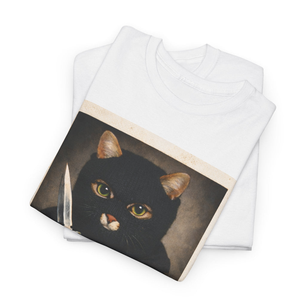 Cat With Knife Tee — "Mittens" Dark Humor Vintage Polaroid Graphic T-Shirt
