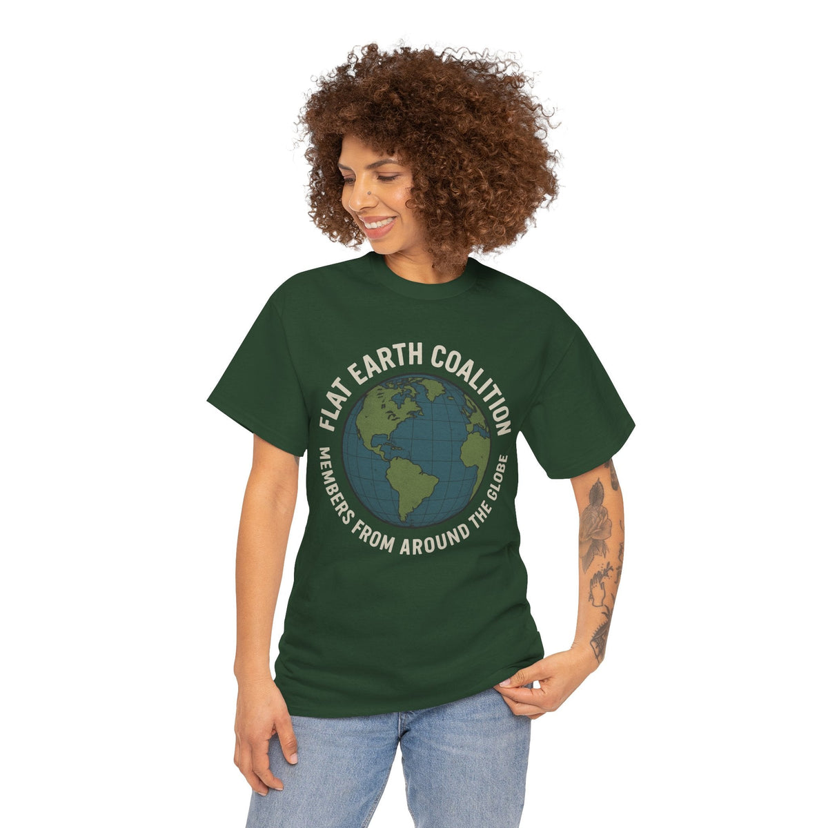 Flat Earth Coalition Funny Globe Parody Shirt – “Members From Around the Globe” Tee – Satirical Conspiracy Theory Humor Tee
