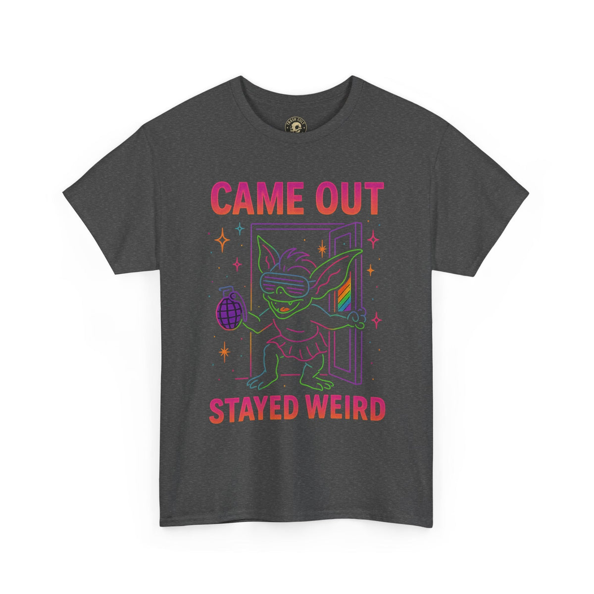 Came Out, Stayed Weird – Neon Gremlin Pride T-Shirt | Gildan Unisex Heavy Cotton Tee | LGBTQ+ Graphic Shirt