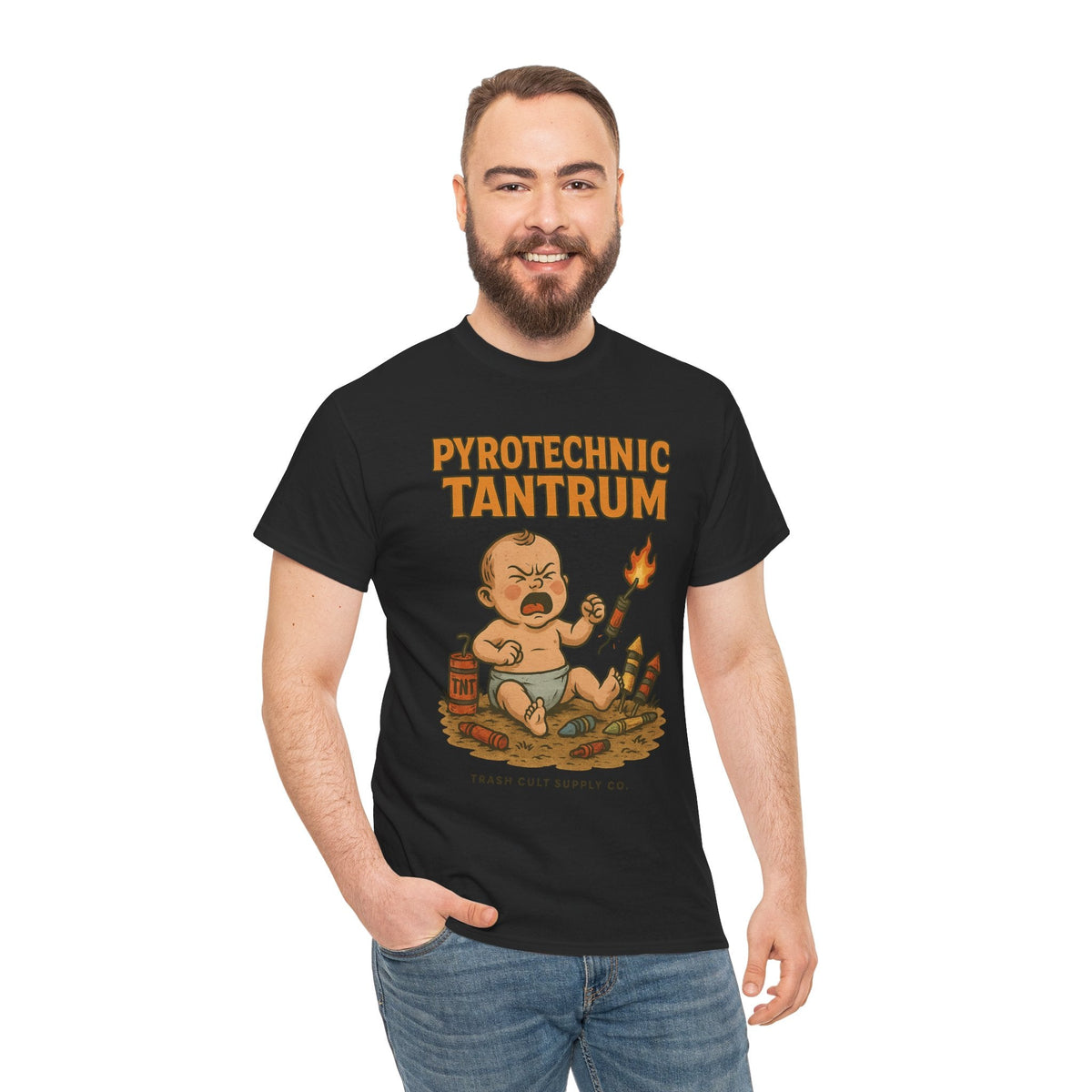 Pyrotechnic Tantrum T-Shirt – Explosive Baby Humor Graphic | Trash Cult Supply Co. | Gildan 5000 Tee