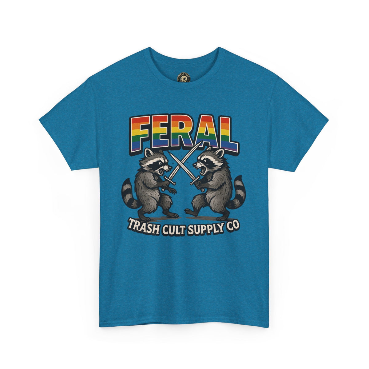 FERAL Rainbow Raccoon Sword Fighting Graphic Tee – Gildan 5000 Heavy Cotton