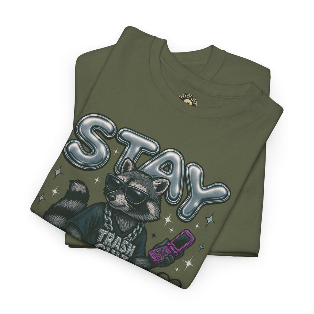 Stay Feral Chrome Raccoon Tee – Y2K Streetwear Trash Cult Shirt