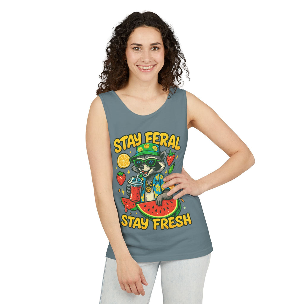 Stay Feral Stay Fresh Tank Top, Summer Apparel, Unisex Graphic Tee, Beachwear, Fun Gift for Animal Lovers