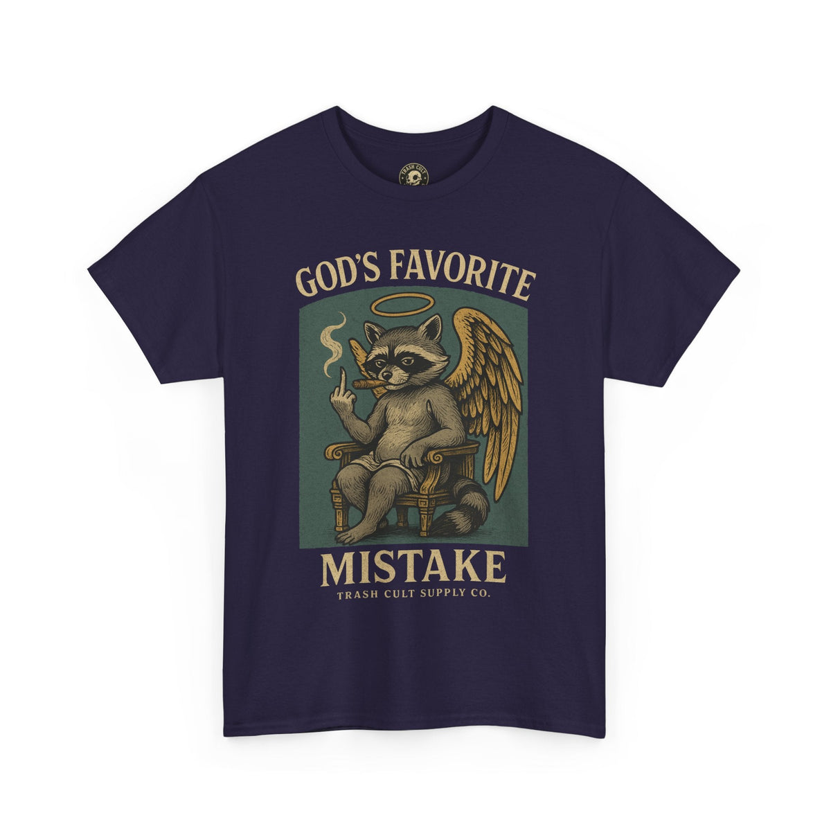 God’s Favorite Mistake Shirt – Raccoon Angel Flipping the Bird by Trash Cult Supply Co.