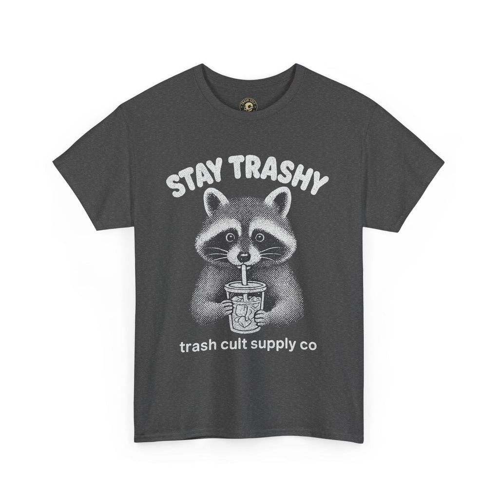 Stay Trashy Raccoon Iced Coffee Shirt – Halftone All White Design | Trash Cult Supply Co.