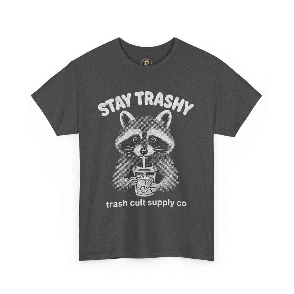 Stay Trashy Raccoon Iced Coffee Shirt – Halftone All White Design | Trash Cult Supply Co.