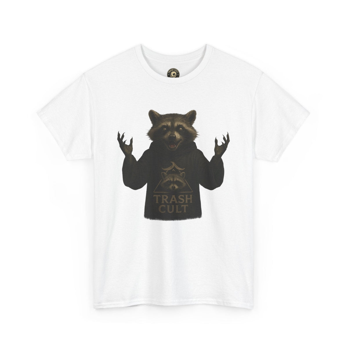 Raccoon Cult Leader Shirt – Trash Cult Unhinged Mascot Tee for Dark Fabrics | Gildan 5000