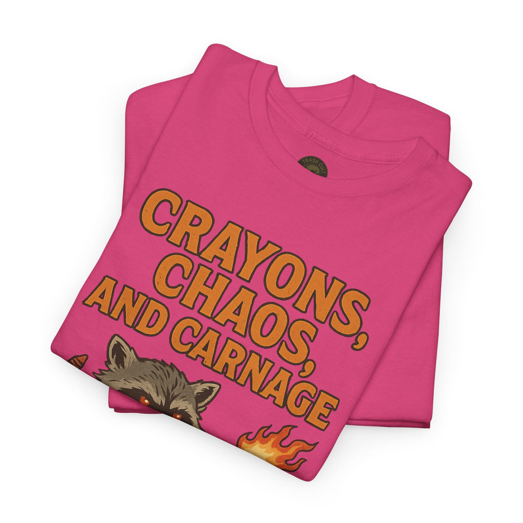 Crayons, Chaos, and Carnage T-Shirt – Dark Humor Raccoon Graphic | Trash Cult Supply Co. | Gildan 5000 Tee