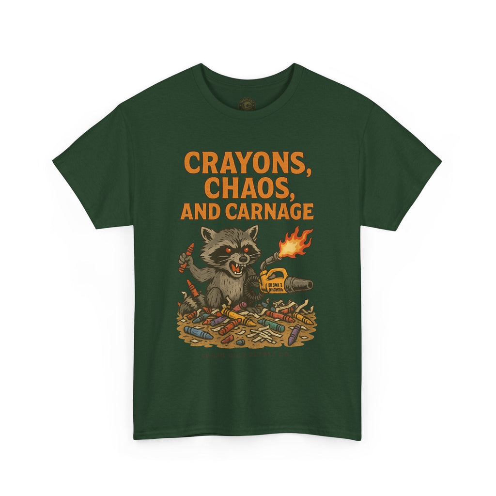 Crayons, Chaos, and Carnage T-Shirt – Dark Humor Raccoon Graphic | Trash Cult Supply Co. | Gildan 5000 Tee