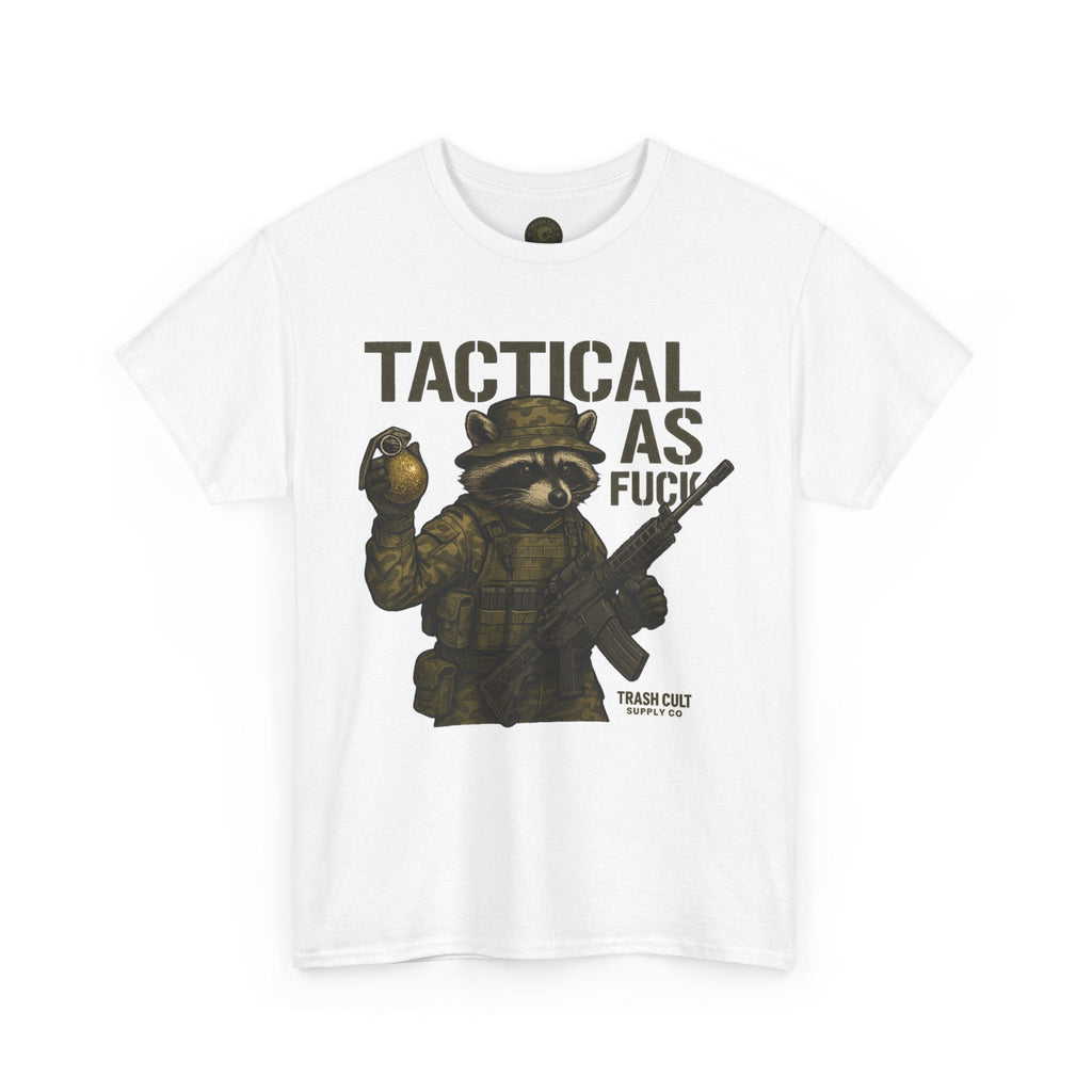 Tactical As F*** T-Shirt – Armed Raccoon Military Humor Tee | Trash Cult Supply Co. | Gildan 5000 Heavy Cotton