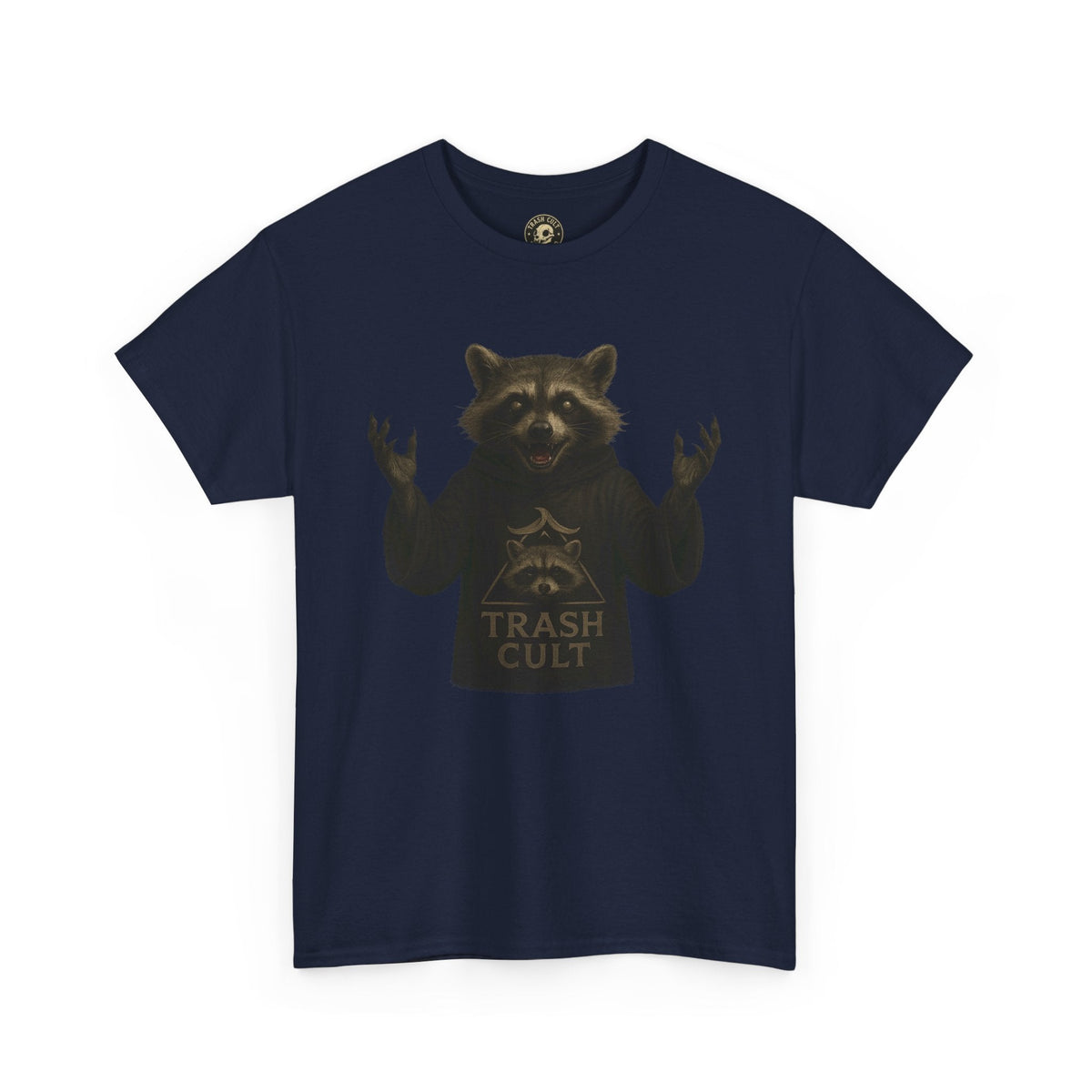 Raccoon Cult Leader Shirt – Trash Cult Unhinged Mascot Tee for Dark Fabrics | Gildan 5000