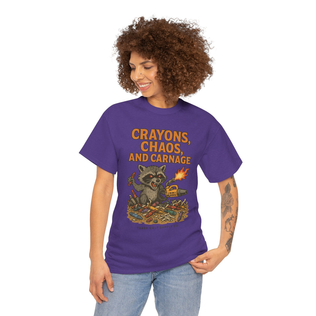 Crayons, Chaos, and Carnage T-Shirt – Dark Humor Raccoon Graphic | Trash Cult Supply Co. | Gildan 5000 Tee