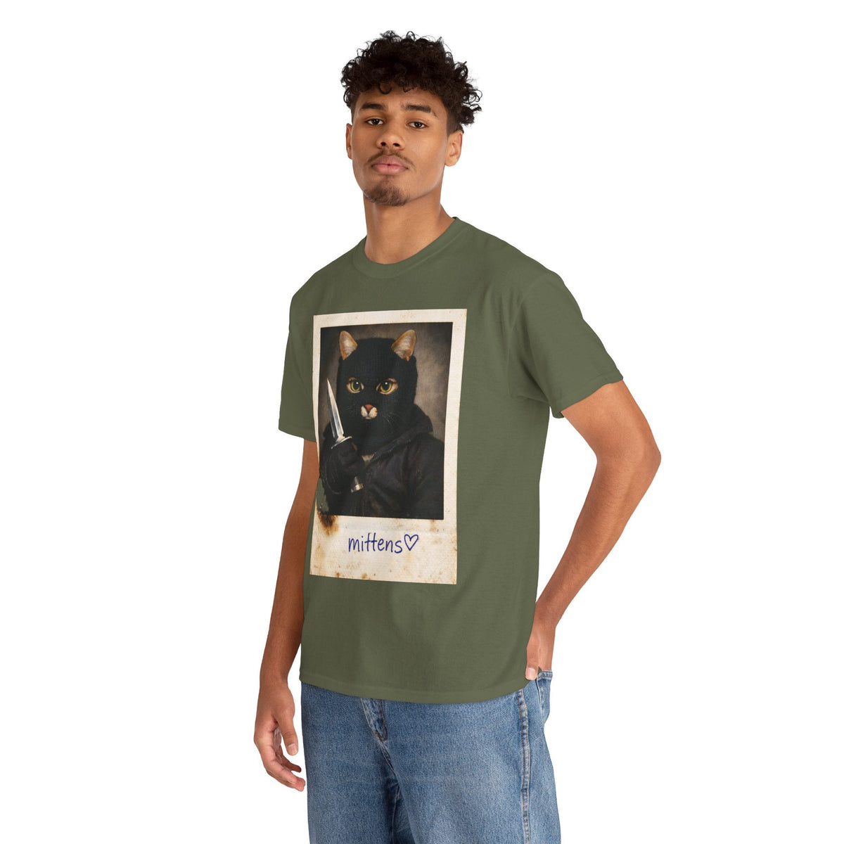 Cat With Knife Tee — "Mittens" Dark Humor Vintage Polaroid Graphic T-Shirt