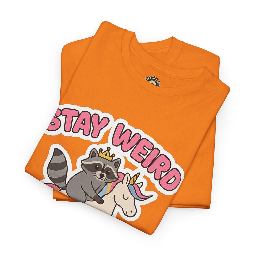 Stay Weird Stay Feral Shirt – Raccoon & Unicorn – High Visibility Gildan 5000 Tee