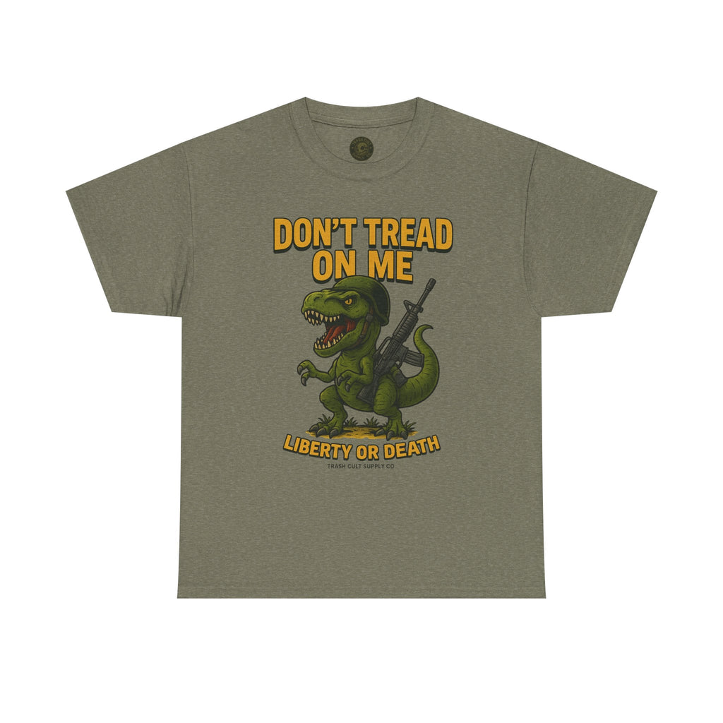 Don’t Tread On Me T-Rex T-Shirt – Liberty or Death Graphic | Trash Cult Supply Co. | Gildan 5000 Heavy Cotton
