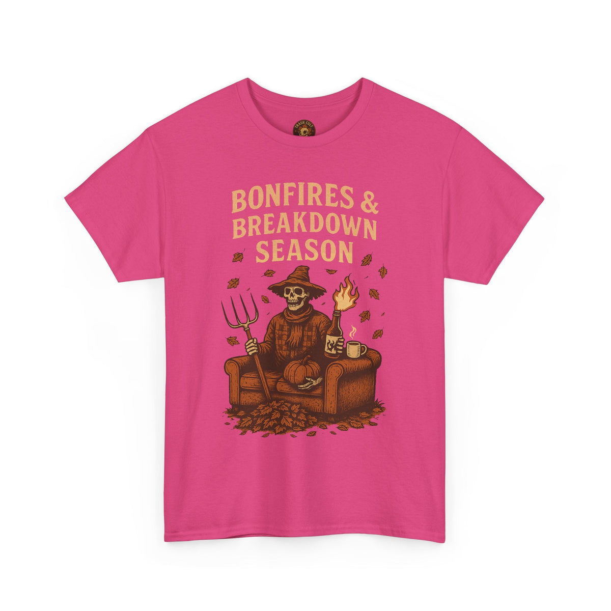 Bonfires & Breakdown Season Shirt – Skeleton Couch Chaos Tee – Fall of Humanity Collection – Trash Cult Supply Co.